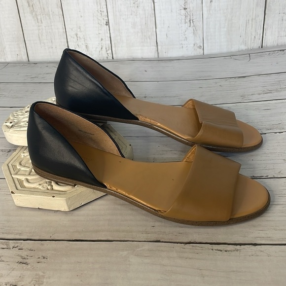 J Crew Morgan Leather D'orsay Black and Tan Color Block Peep Toe Flats Sandals - Picture 12 of 13